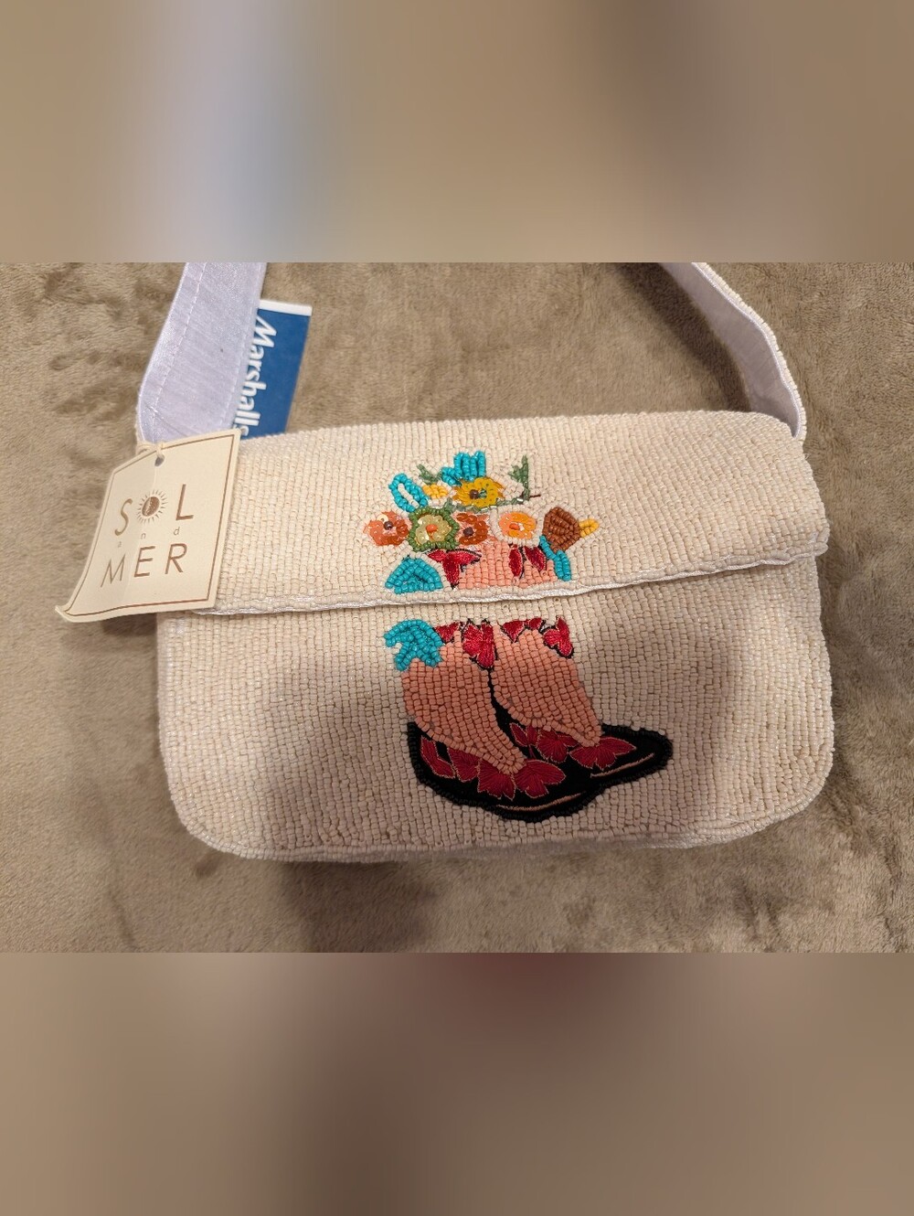 Beaded Cream Crossbody Bag with Floral & Cowgirl Boots